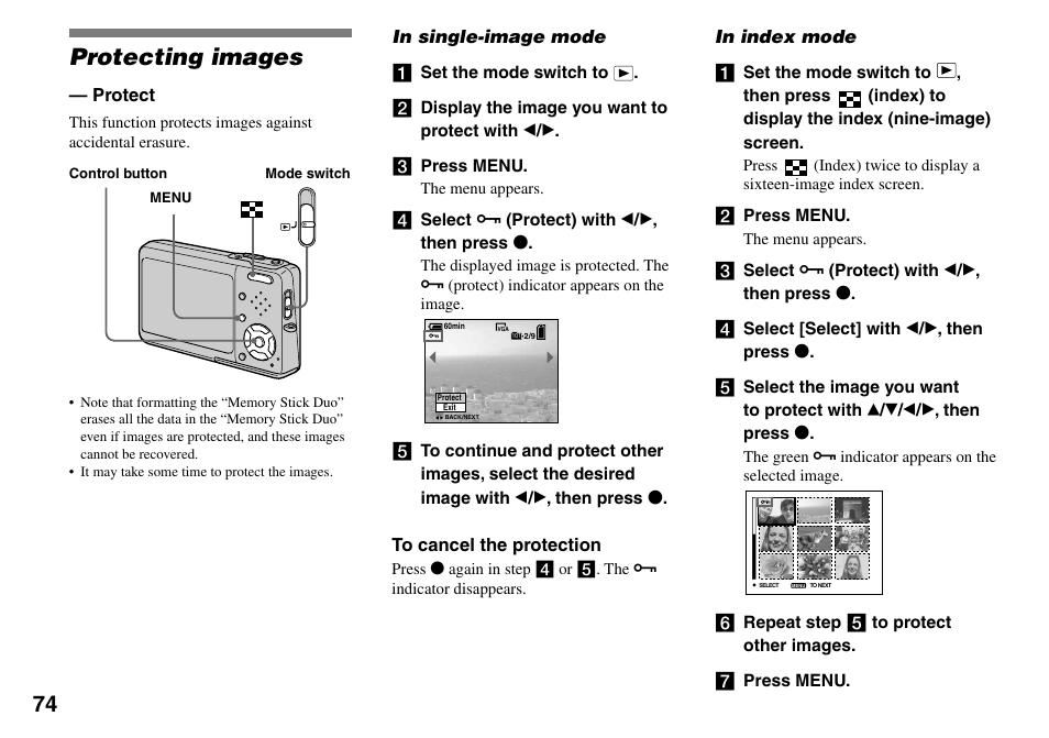 Protecting images, Protect | Sony DSC-T33 User Manual | Page 74 / 144