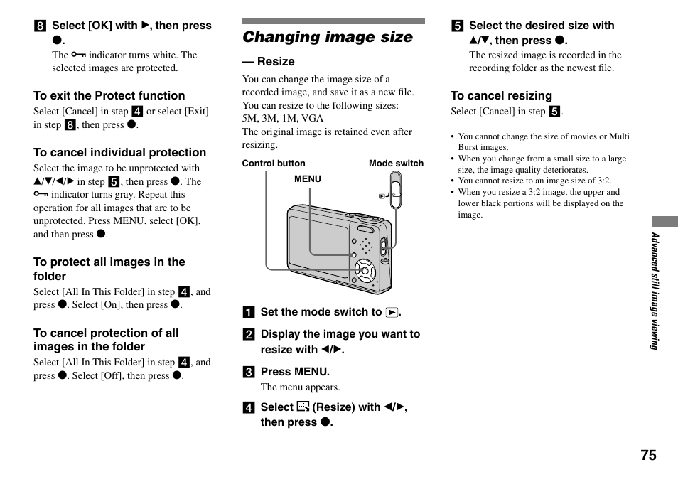 Changing image size, Resize | Sony DSC-T33 User Manual | Page 75 / 144