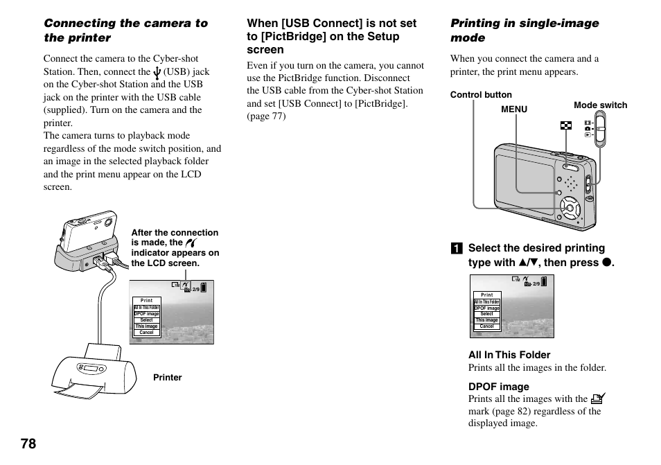 Connecting the camera to the printer, Printing in single-image mode | Sony DSC-T33 User Manual | Page 78 / 144