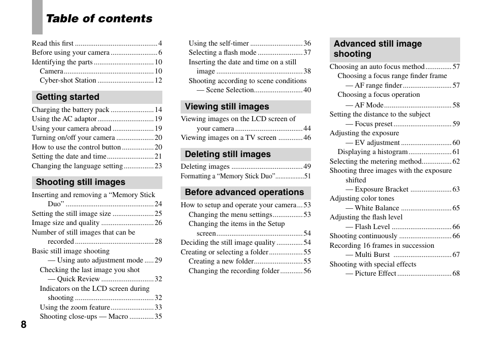 Sony DSC-T33 User Manual | Page 8 / 144