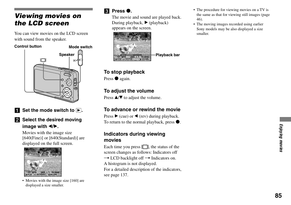 Viewing movies on the lcd screen, Indicators during viewing movies, Press | Sony DSC-T33 User Manual | Page 85 / 144
