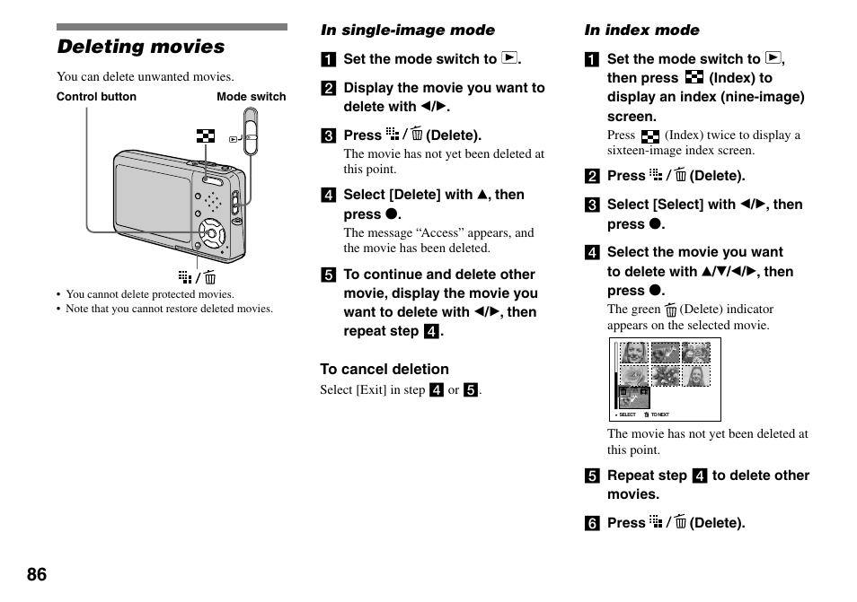 Deleting movies | Sony DSC-T33 User Manual | Page 86 / 144