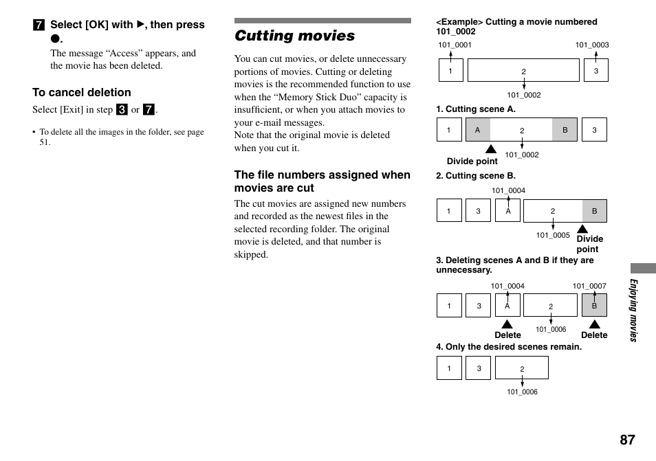 Cutting movies, The ﬁle numbers assigned when movies are cut | Sony DSC-T33 User Manual | Page 87 / 144