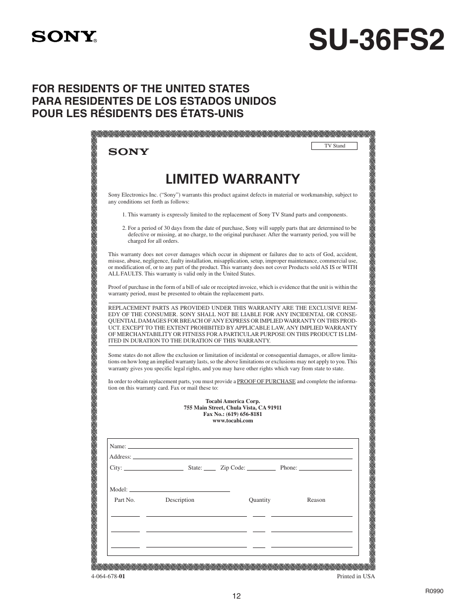 Su-36fs2, Limited warranty | Sony KV-36FS200 User Manual | Page 12 / 12