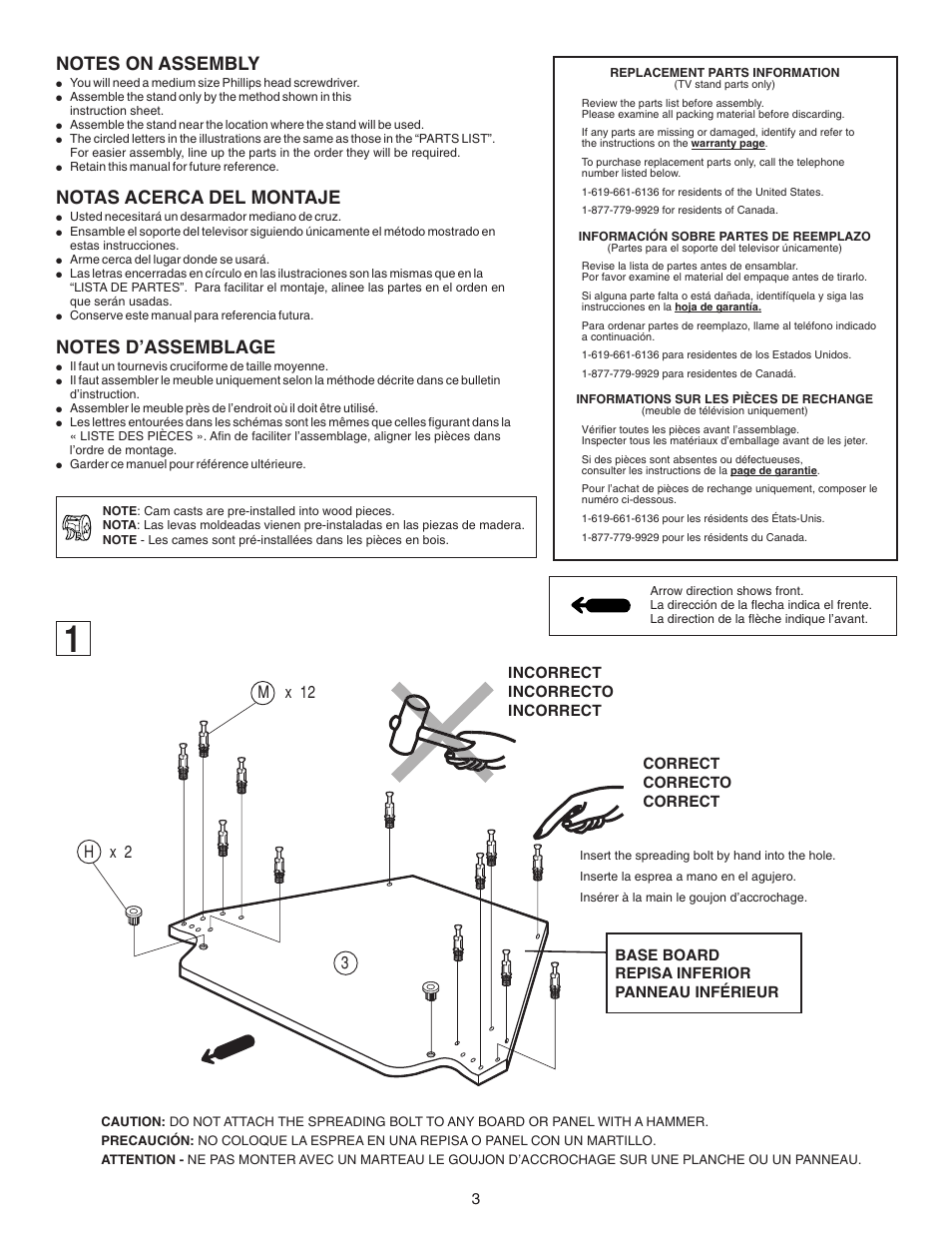 Notas acerca del montaje, M x 12 h x 2 3, 23 correct correcto correct | Base board repisa inferior panneau inférieur, Incorrect incorrecto incorrect | Sony KV-36FS200 User Manual | Page 3 / 12