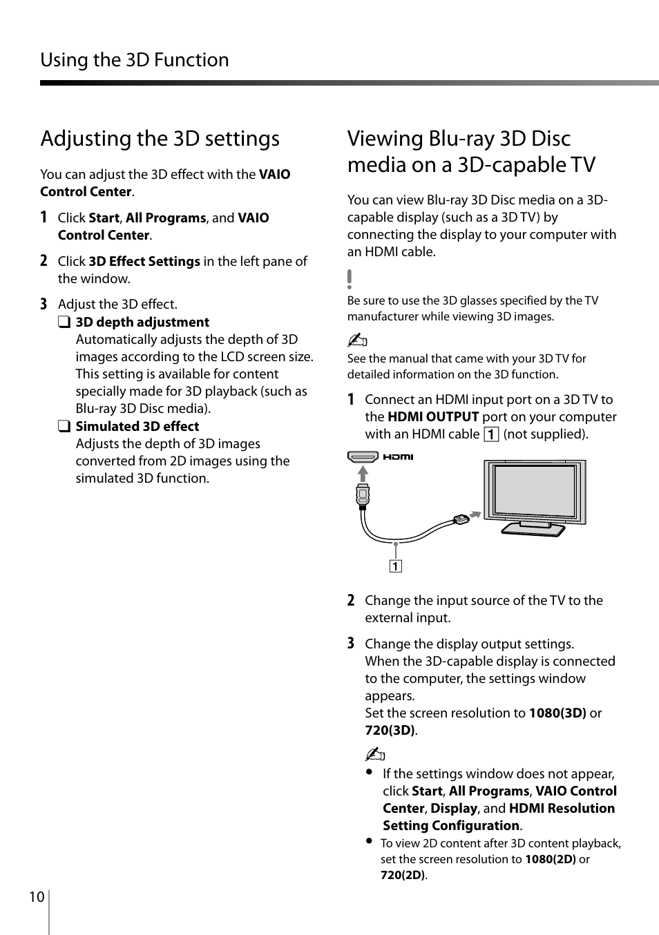 Adjusting the 3d settings, Viewing blu-ray 3d disc media on a 3d-capable tv, Using the 3d function | Sony VPCL23CFX User Manual | Page 10 / 20