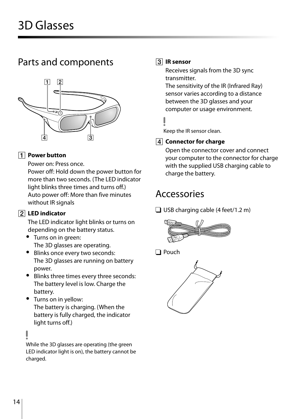 3d glasses ………………………………………………………………………… 14, 3d glasses, Parts and components | Accessories | Sony VPCL23CFX User Manual | Page 14 / 20