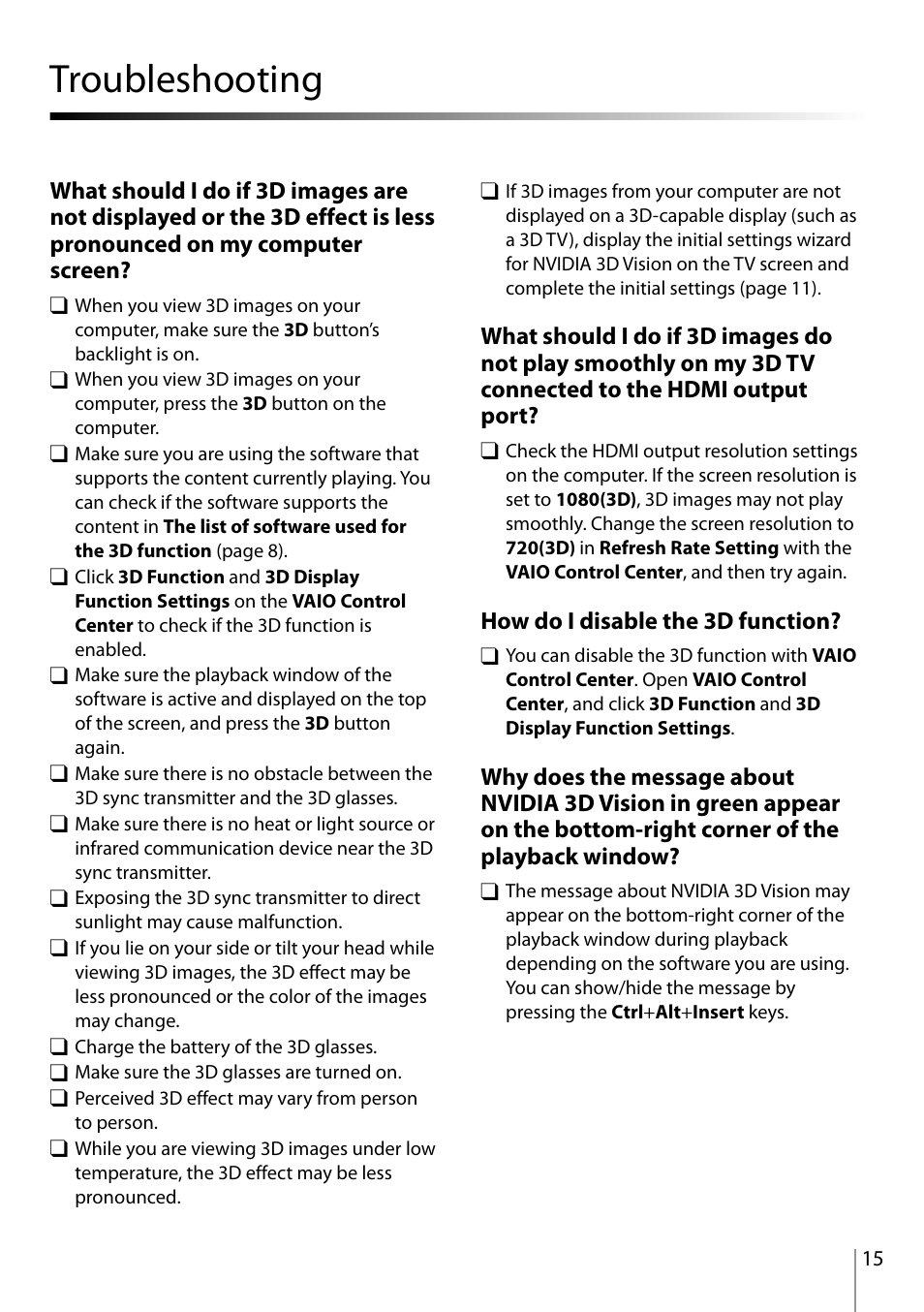 Troubleshooting …………………………………………………………………… 15, Troubleshooting | Sony VPCL23CFX User Manual | Page 15 / 20