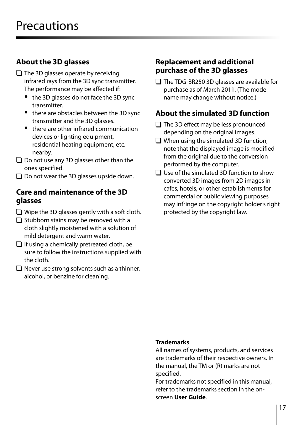 Precautions ………………………………………………………………………… 17, Precautions, About the 3d glasses | Care and maintenance of the 3d glasses, About the simulated 3d function | Sony VPCL23CFX User Manual | Page 17 / 20