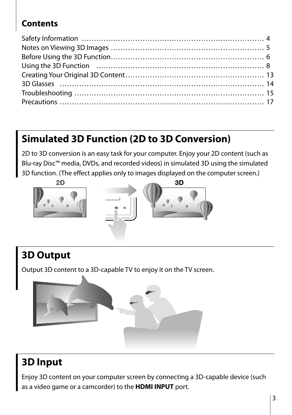 Simulated 3d function (2d to 3d conversion), 3d output, 3d input | Sony VPCL23CFX User Manual | Page 3 / 20