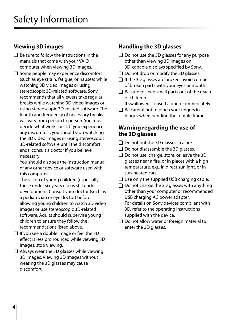 Safety information ………………………………………………………………… 4, Safety information, Viewing 3d images | Handling the 3d glasses, Warning regarding the use of the 3d glasses | Sony VPCL23CFX User Manual | Page 4 / 20