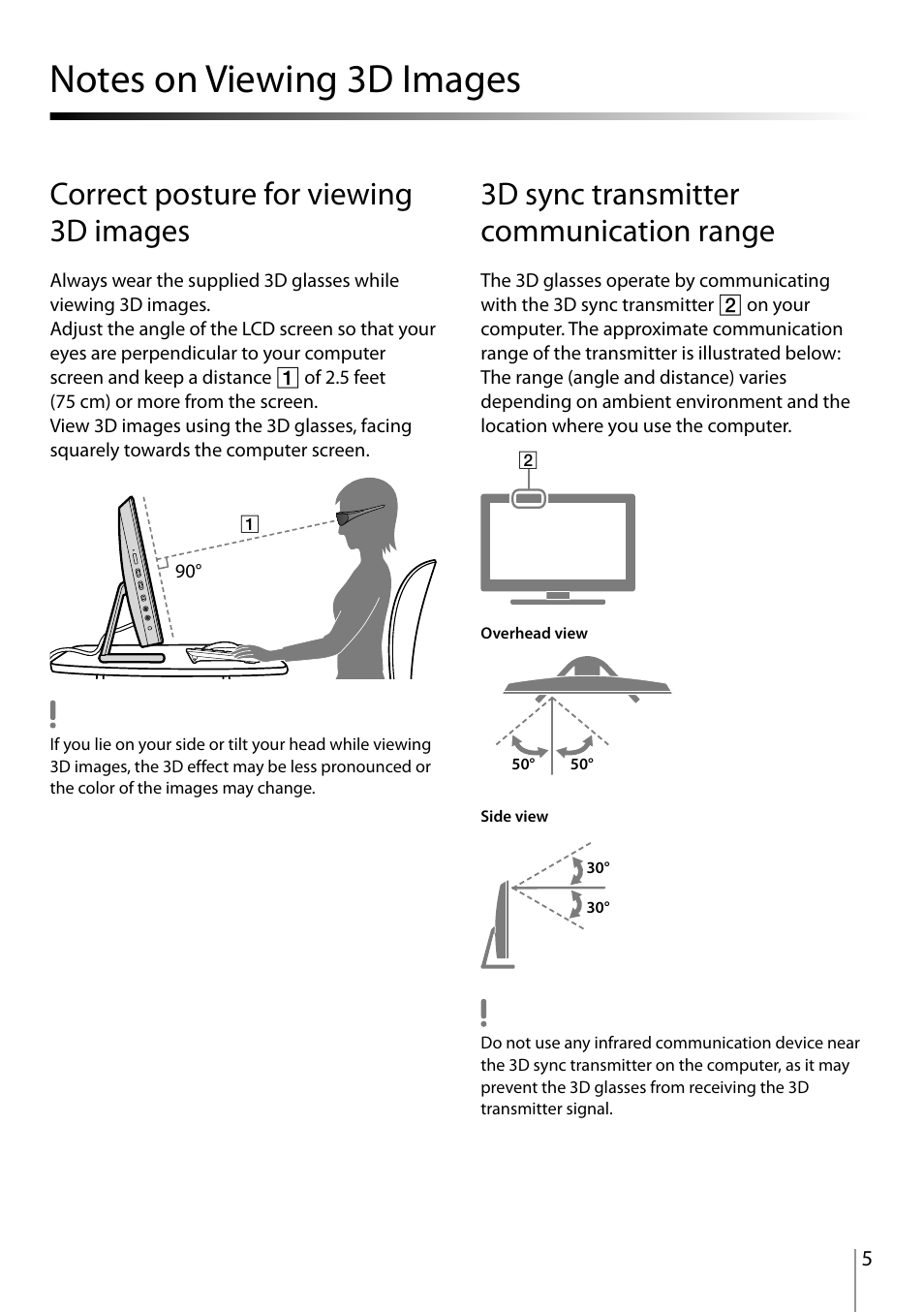 Notes on viewing 3d images ……………………………………………………… 5, Correct posture for viewing 3d images, 3d sync transmitter communication range | Sony VPCL23CFX User Manual | Page 5 / 20