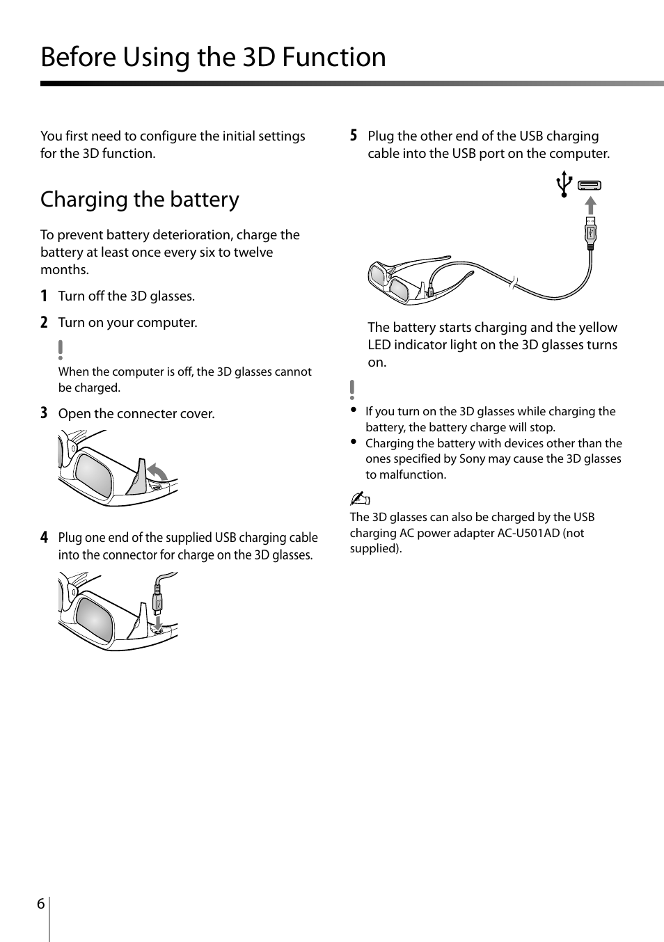 Before using the 3d function, Charging the battery | Sony VPCL23CFX User Manual | Page 6 / 20