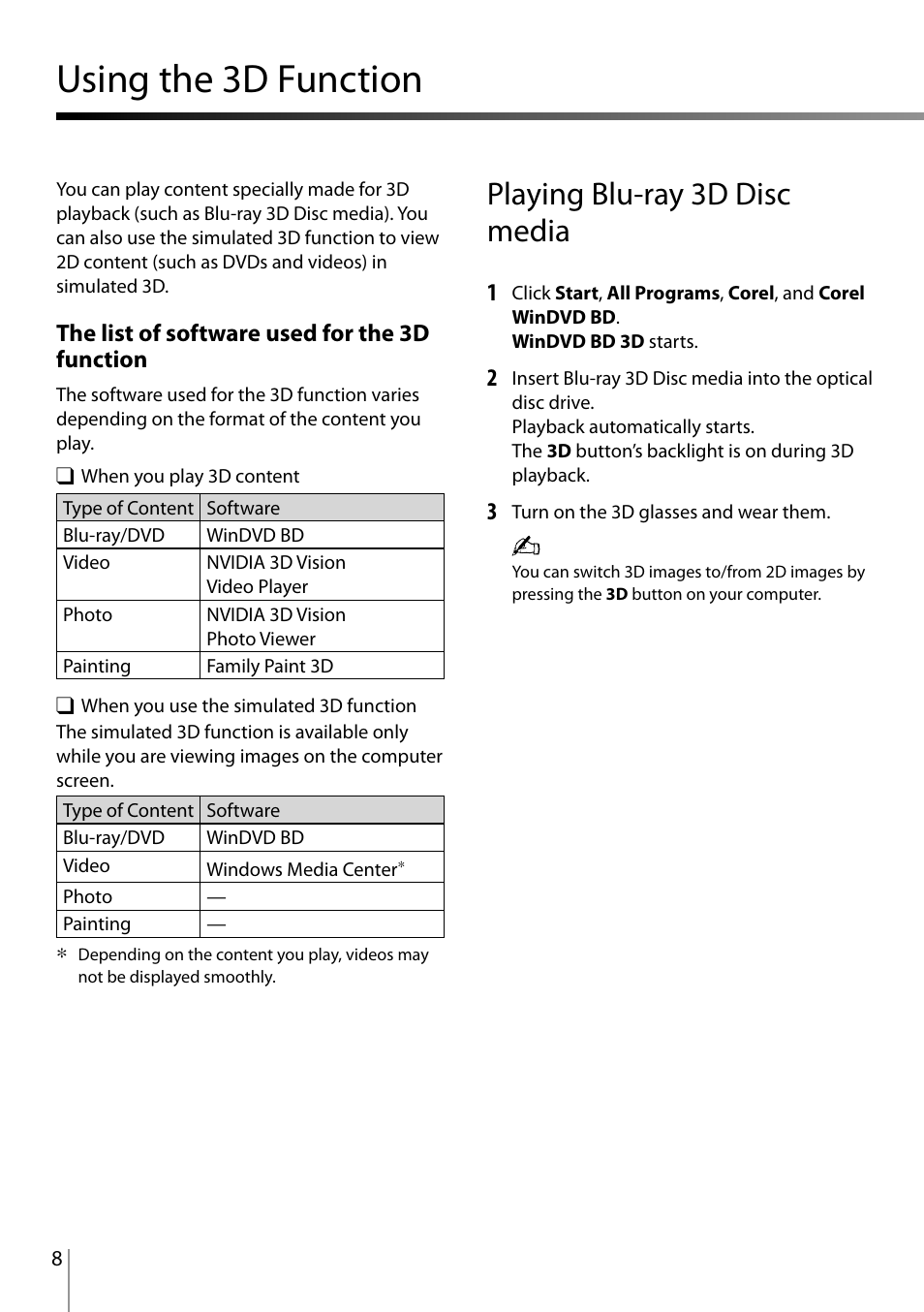 Using the 3d function …………………………………………………………… 8, Using the 3d function, Playing blu-ray 3d disc media | Sony VPCL23CFX User Manual | Page 8 / 20