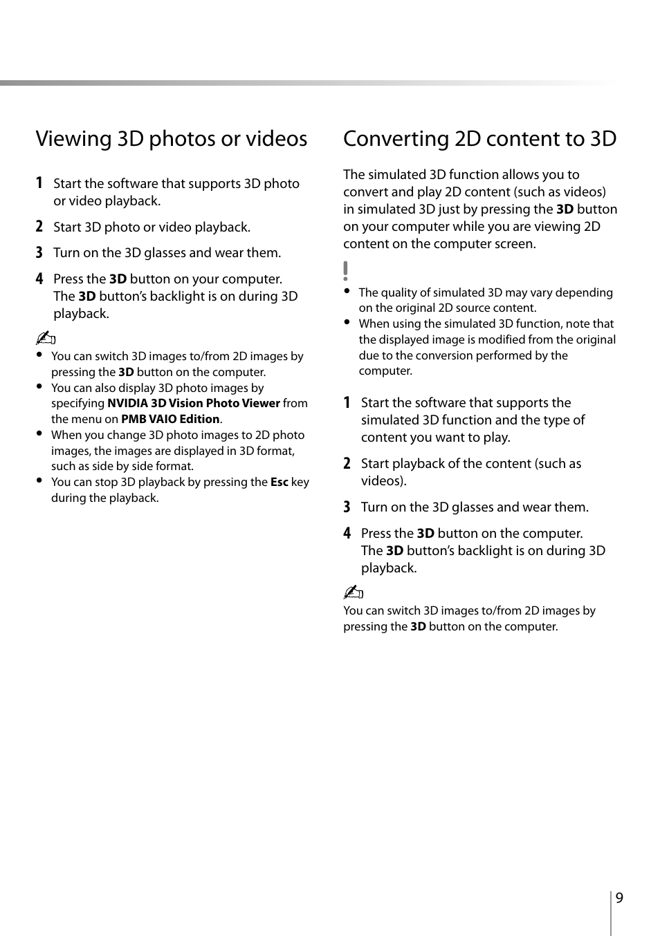 Viewing 3d photos or videos, Converting d content to 3d | Sony VPCL23CFX User Manual | Page 9 / 20