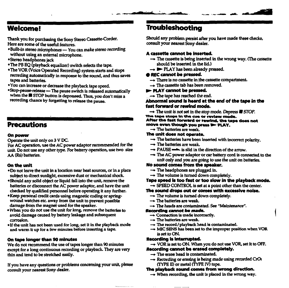 On power, On the unit, On tape longer than 90 minutes | A cassette cannot be inserted, Welcome! precautions, Nnoubleshooting | Sony TCS-580V User Manual | Page 2 / 6
