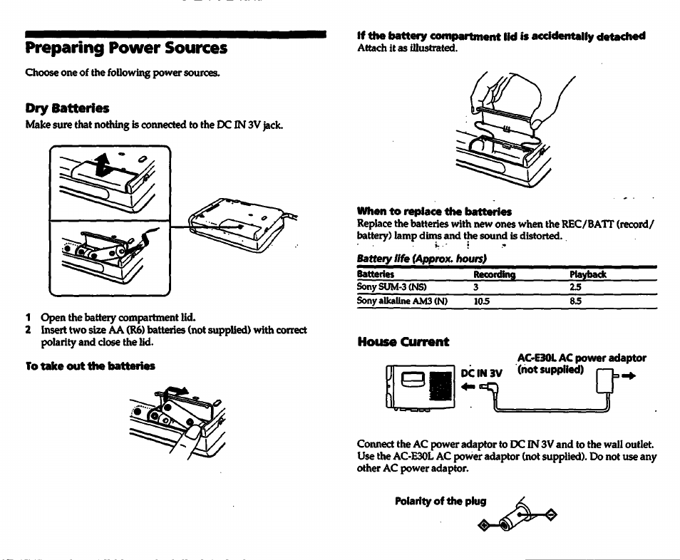 To ttdce out the fsatteries, When to replace the batteries, Preparing power sources | Sony TCS-580V User Manual | Page 3 / 6