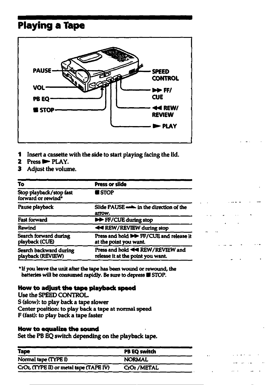 How to adjust the tape playback speed, How to equalize the sound, Playing a tape | Sony TCS-580V User Manual | Page 4 / 6