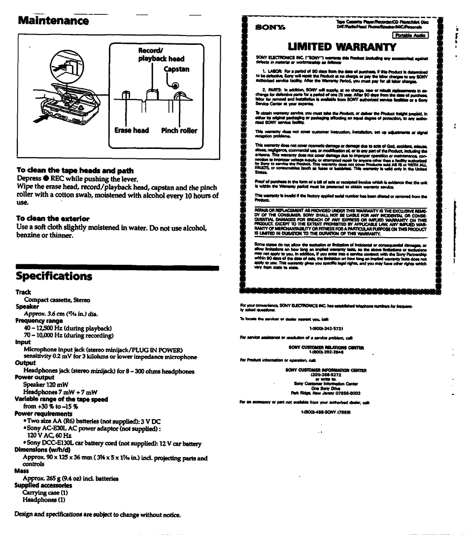 To dean the tape heacb and path, To dean the exterior, Maintenance | Umited warranty, Specifications, Statoa, Frequency range, Power requirements, Track compact cassette. stereo speaker approx, In.) dia | Sony TCS-580V User Manual | Page 6 / 6