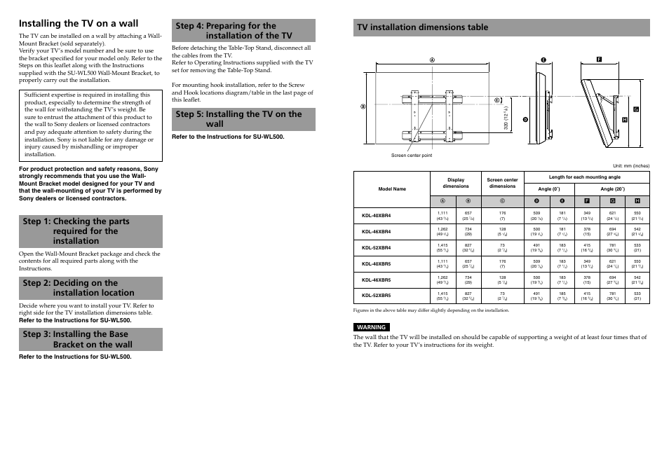 Installing the tv on a wall, Tv installation dimensions table, Step 4: preparing for the installation of the tv | Step 5: installing the tv on the wall, Step 2: deciding on the installation location, Step 3: installing the base bracket on the wall | Sony KDL-52XBR5 User Manual | Page 2 / 2