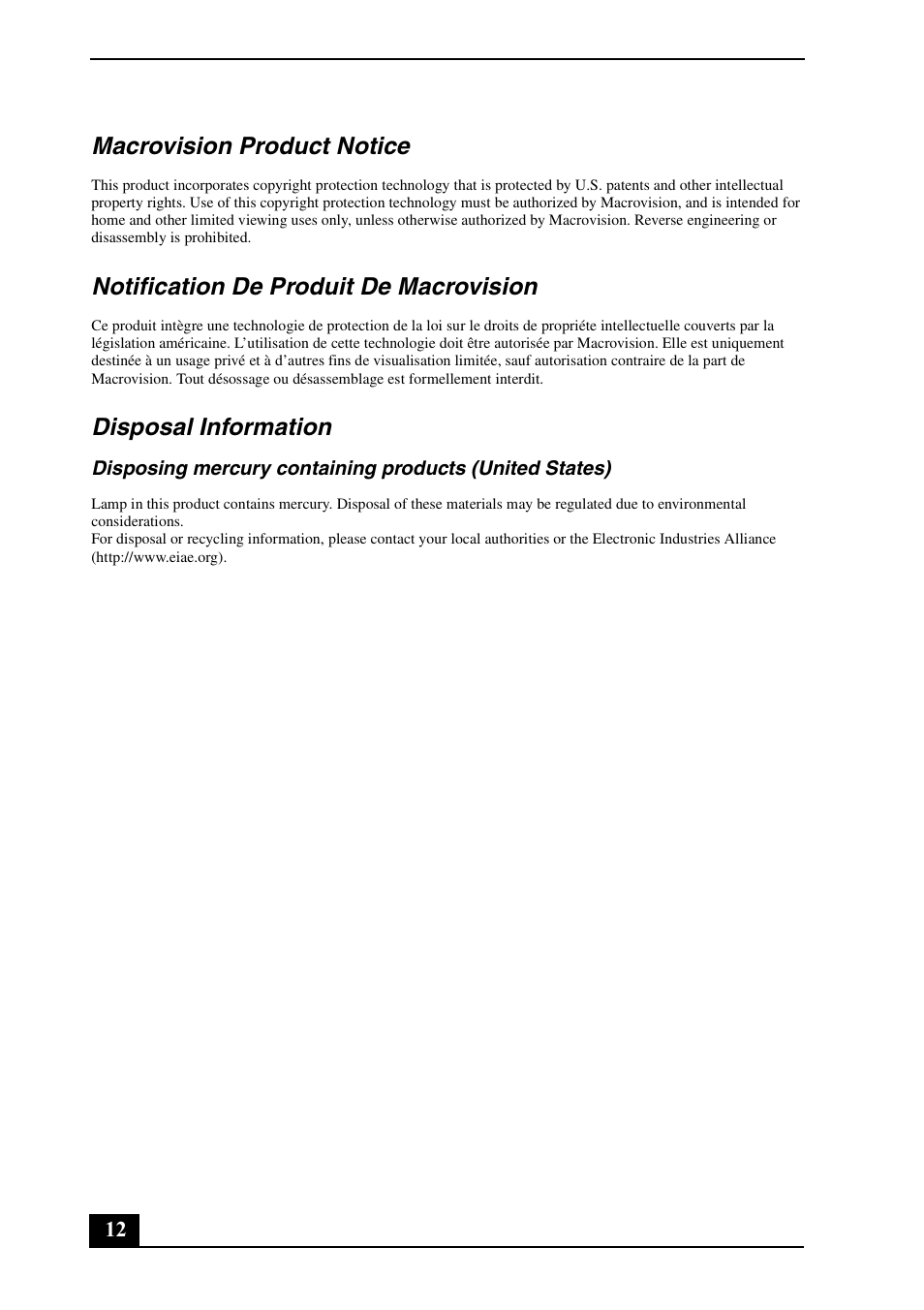 Macrovision product notice, Notification de produit de macrovision, Disposal information | Sony VGN-AR705E User Manual | Page 12 / 20