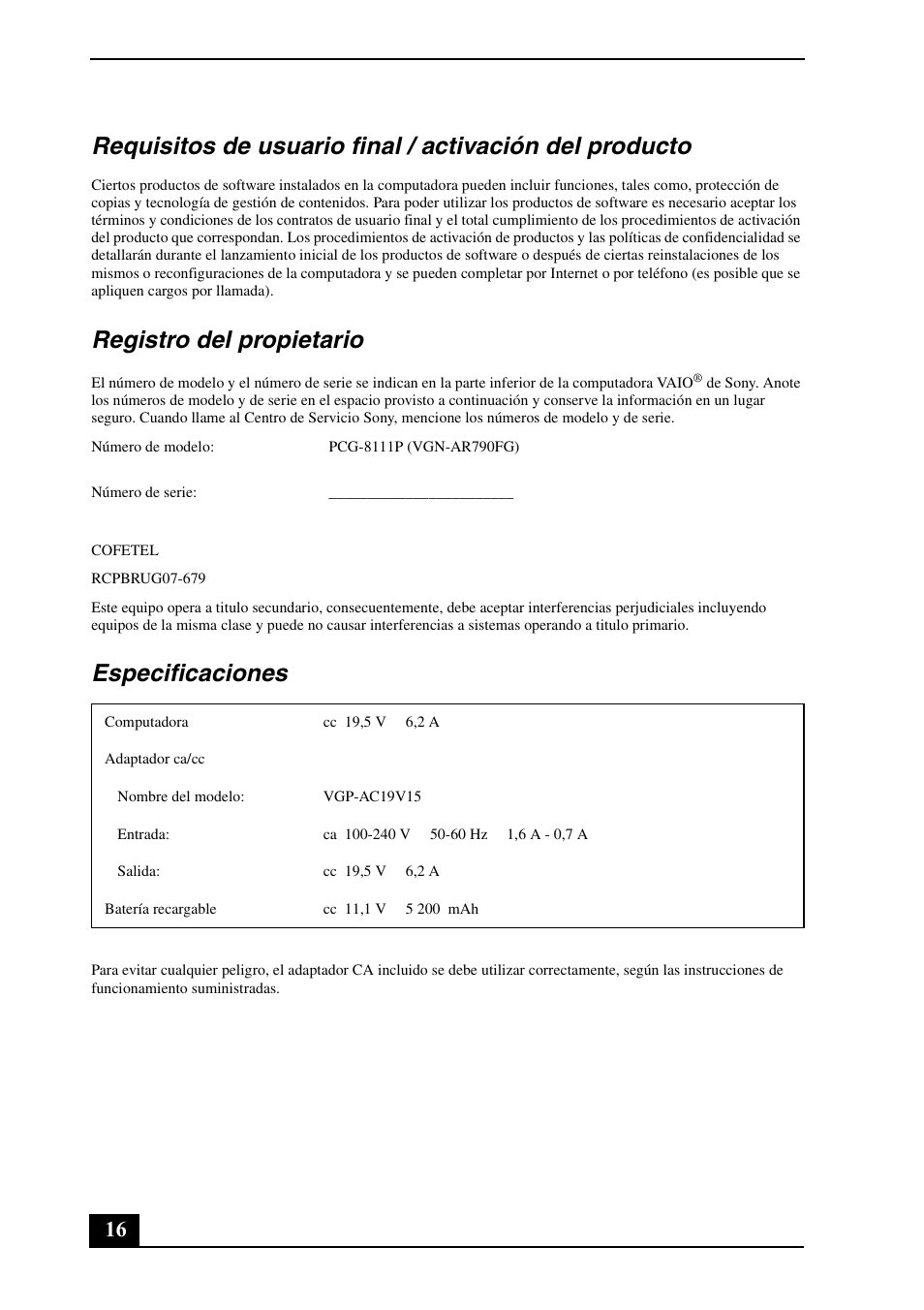 Registro del propietario, Especificaciones | Sony VGN-AR705E User Manual | Page 16 / 20