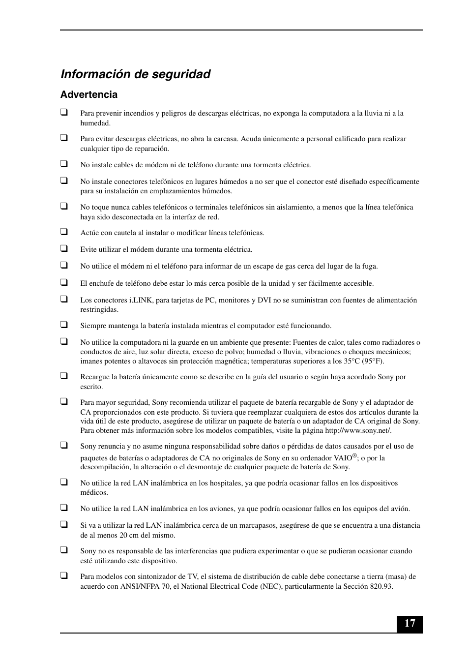 Información de seguridad | Sony VGN-AR705E User Manual | Page 17 / 20