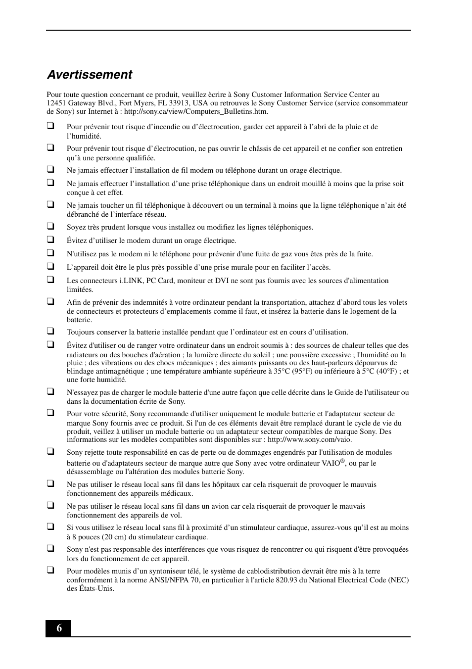 Avertissement | Sony VGN-AR705E User Manual | Page 6 / 20