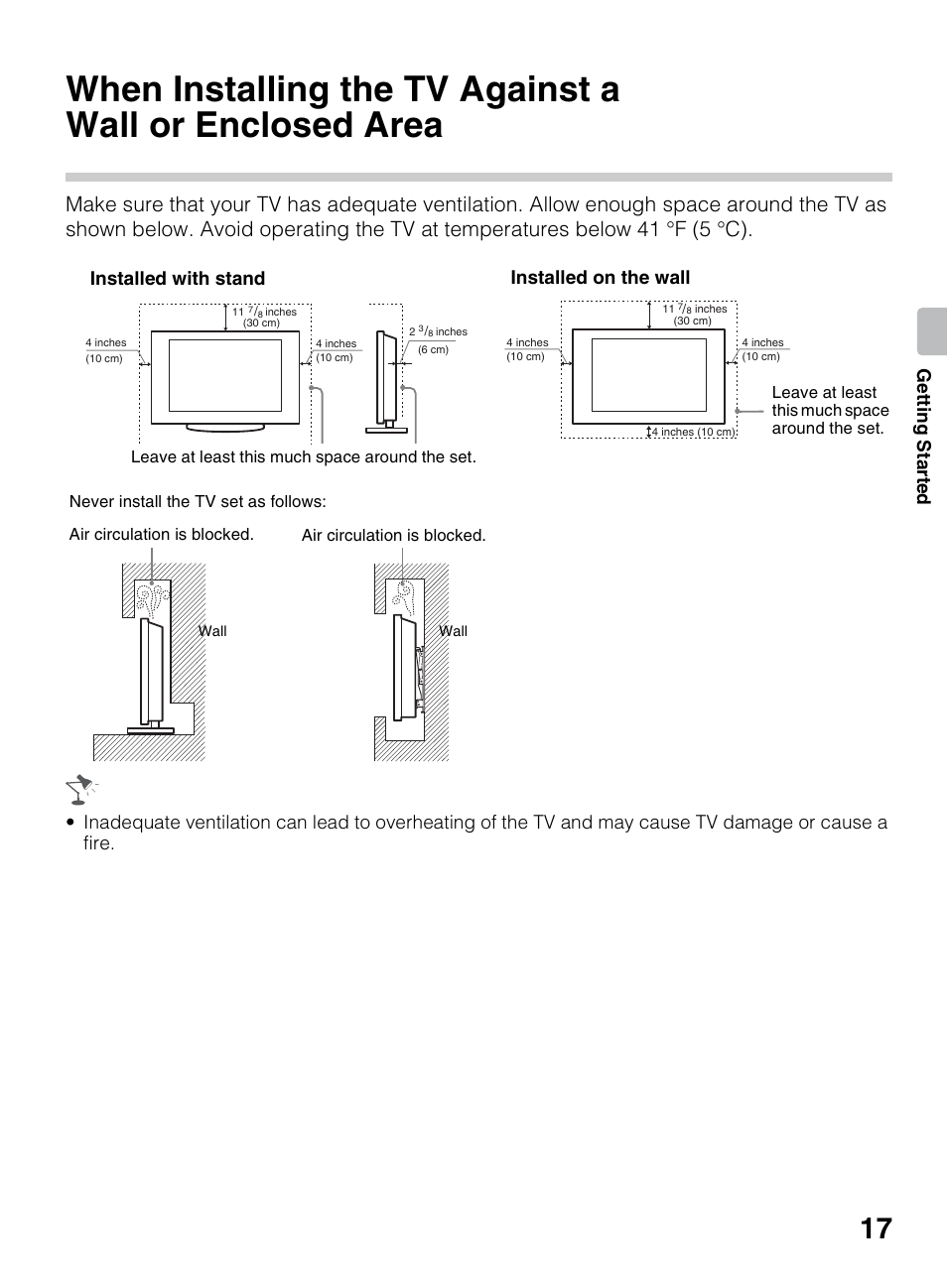 When installing the tv against a wall or, Enclosed area, Getting starte d | Installed with stand, Installed on the wall | Sony KDL-40BX450 User Manual | Page 17 / 68