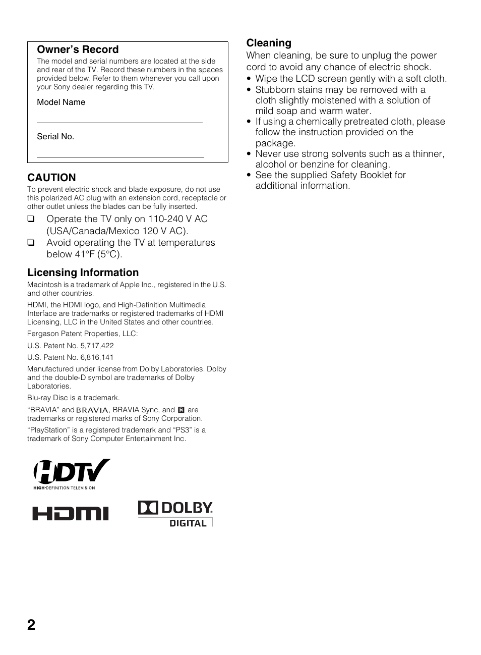 Caution, Licensing information, Cleaning | Owner’s record | Sony KDL-40BX450 User Manual | Page 2 / 68