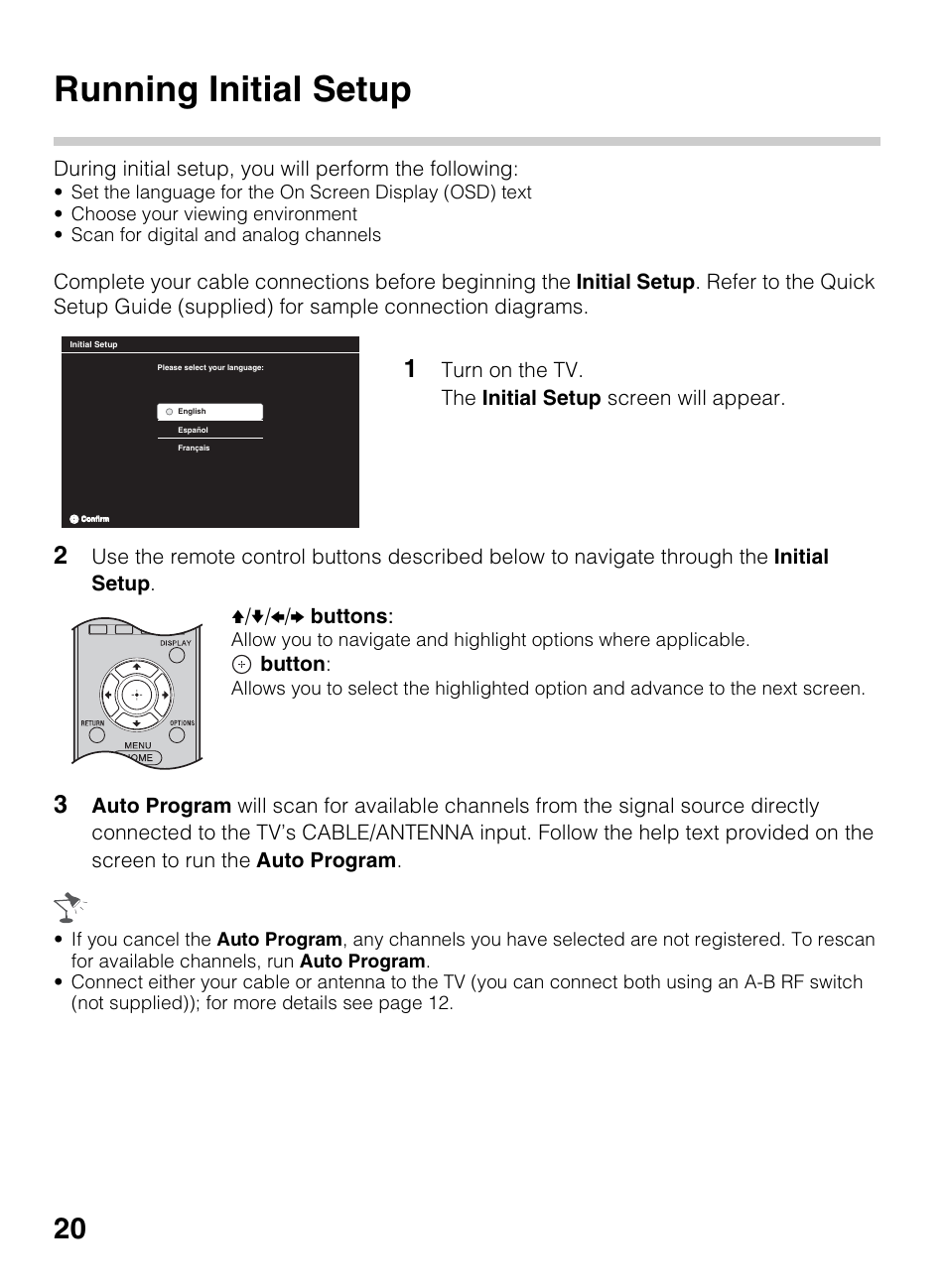 Running initial setup, Button | Sony KDL-40BX450 User Manual | Page 20 / 68