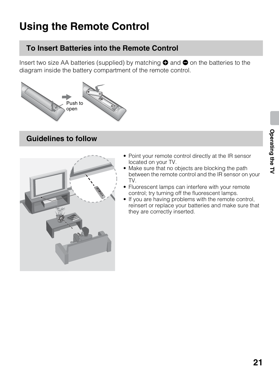 Operating the tv, Using the remote control, Guidelines to follow | Sony KDL-40BX450 User Manual | Page 21 / 68