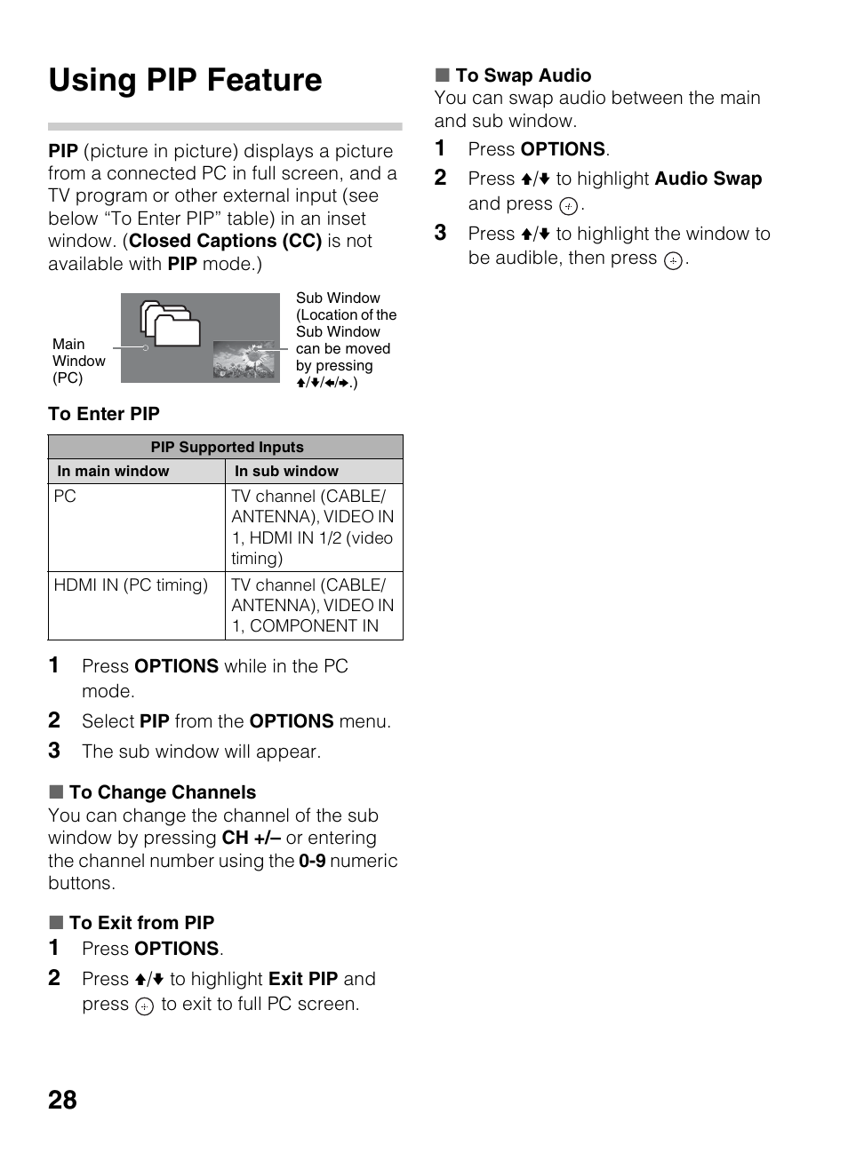 Using pip feature | Sony KDL-40BX450 User Manual | Page 28 / 68