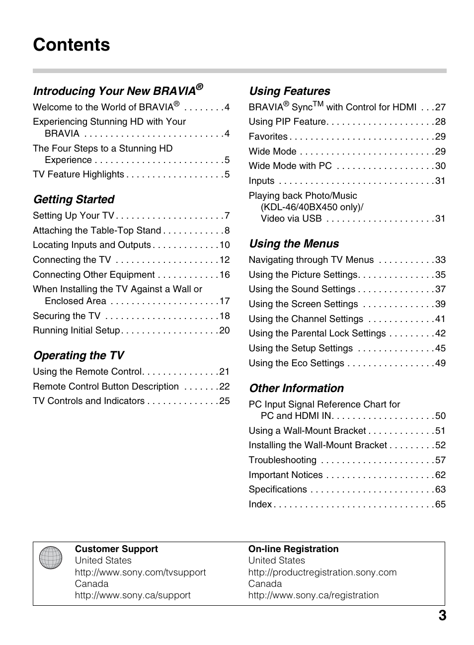Sony KDL-40BX450 User Manual | Page 3 / 68