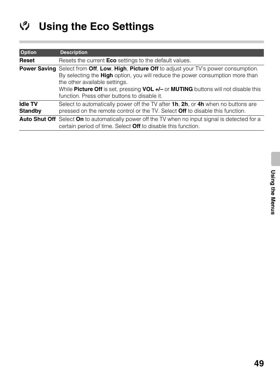 Using the eco settings | Sony KDL-40BX450 User Manual | Page 49 / 68