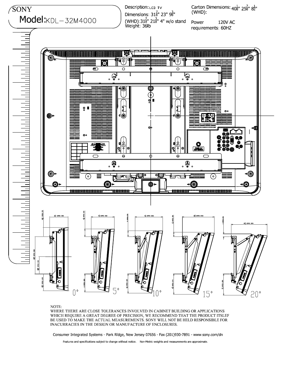 I model:kdl-32m4ooo, Whd):3l8" 2li" 4" w/o stand power weight: 361b, I model:kdl- 32 m 4 ooo | Sony KDL-32M4000 User Manual | Page 3 / 3