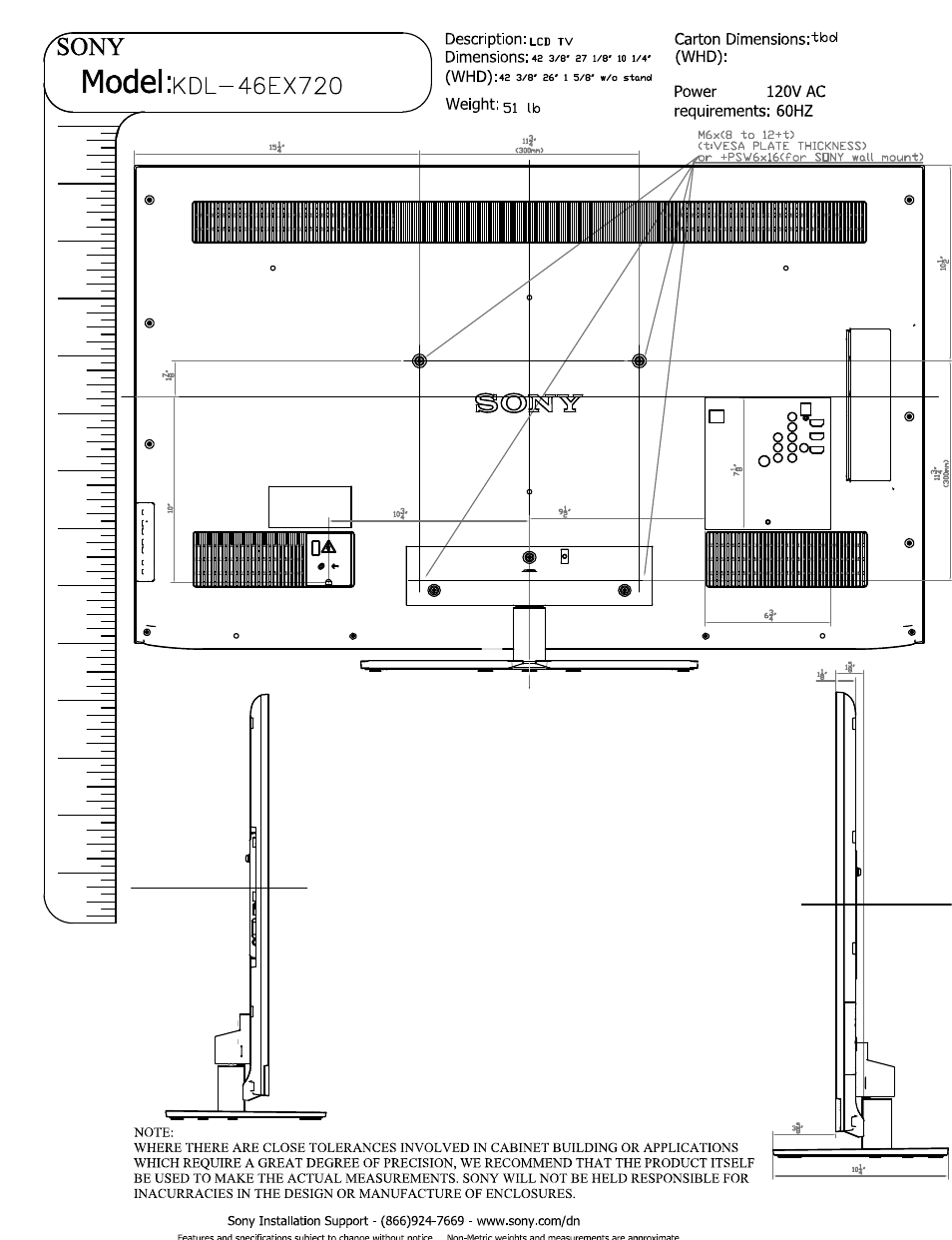 Weight: 51 ib, Model | Sony KDL-46EX720 User Manual | Page 2 / 3