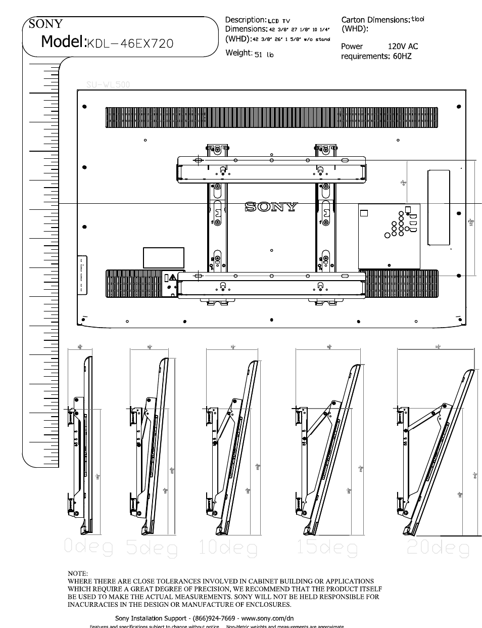 Weight: 51 ib, Model, N\ f | Sony KDL-46EX720 User Manual | Page 3 / 3