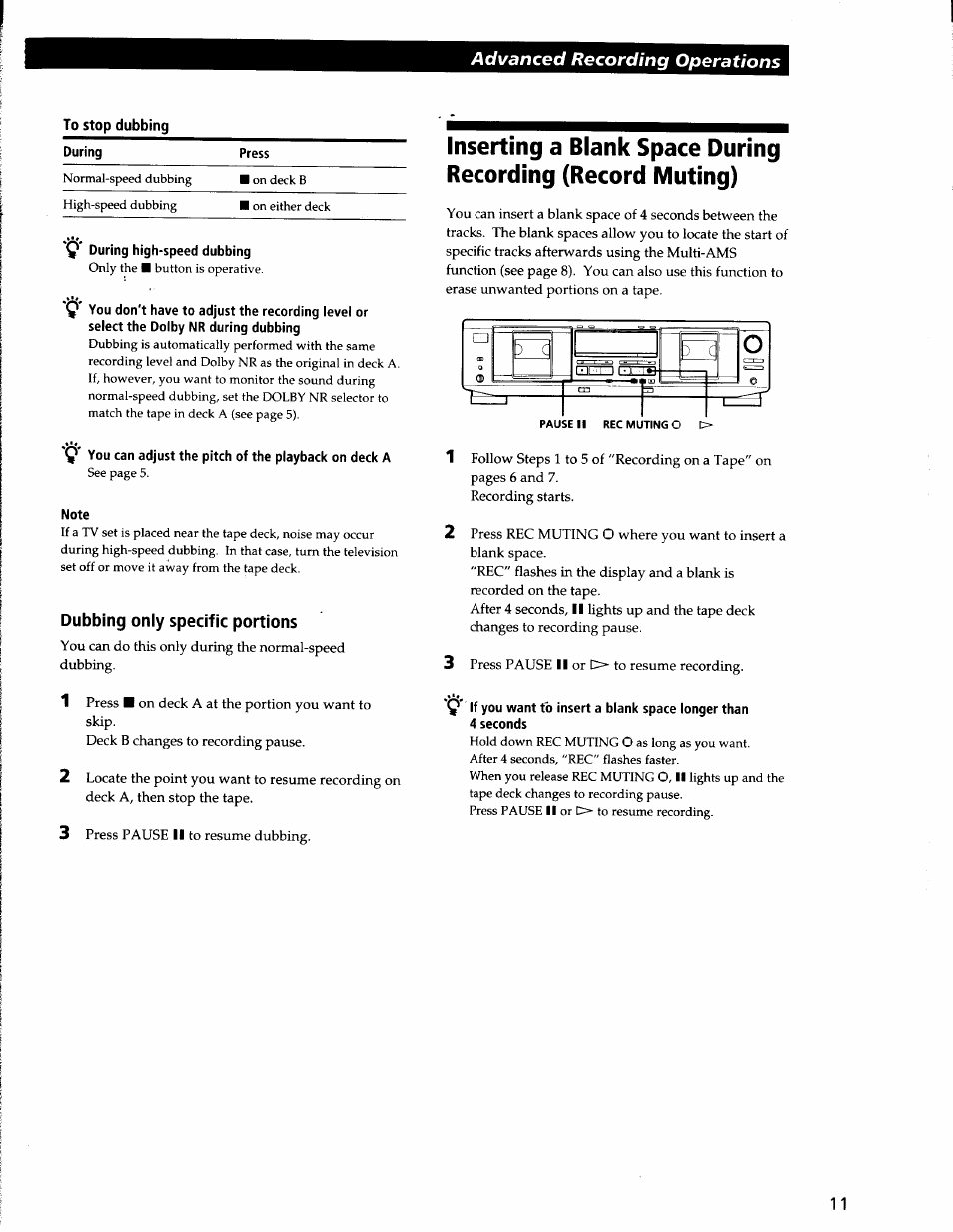 Note, Dubbing only specific portions | Sony TC-WE435 User Manual | Page 11 / 18