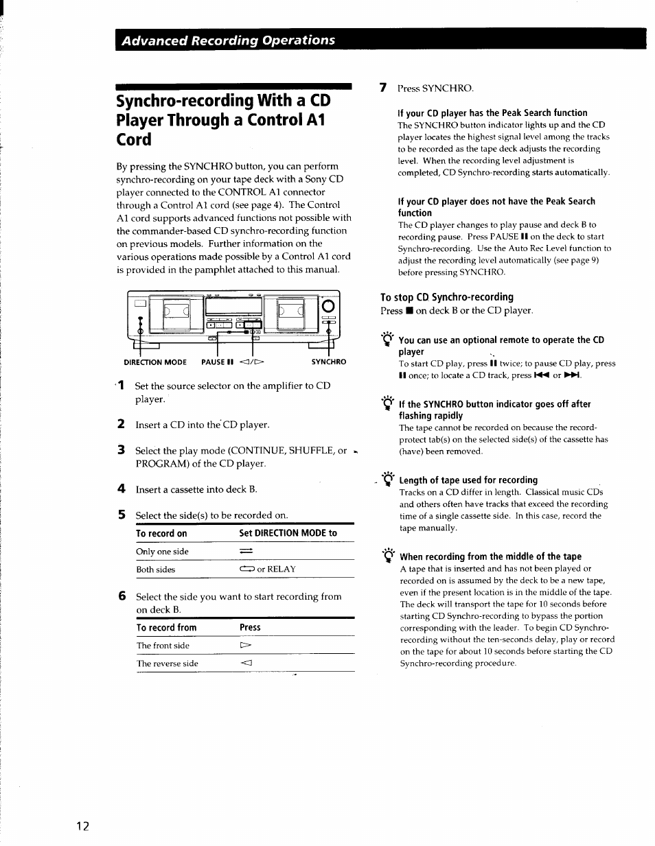 If your cd player has the peak search function, To stop cd synchro-recording, Y length of tape used for recording | Q' when recording from the middle of the tape | Sony TC-WE435 User Manual | Page 12 / 18
