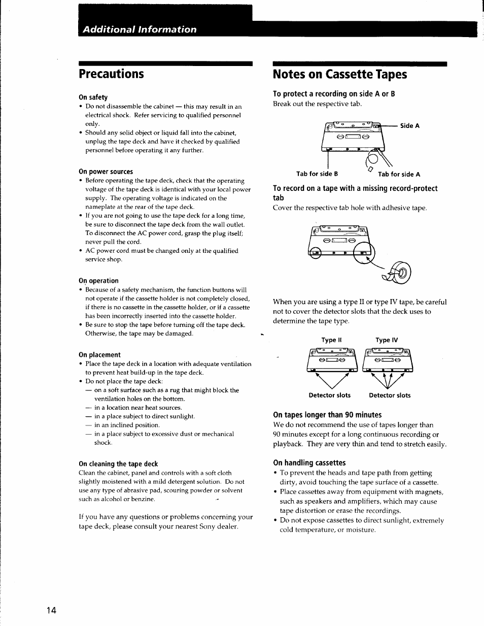 On safety, On power sources, On operation | On placement, To protect a recording on side a or b, Type iv, Detector slots, On tapes longer than 90 minutes, On cleaning the tape deck, On handling cassettes | Sony TC-WE435 User Manual | Page 14 / 18