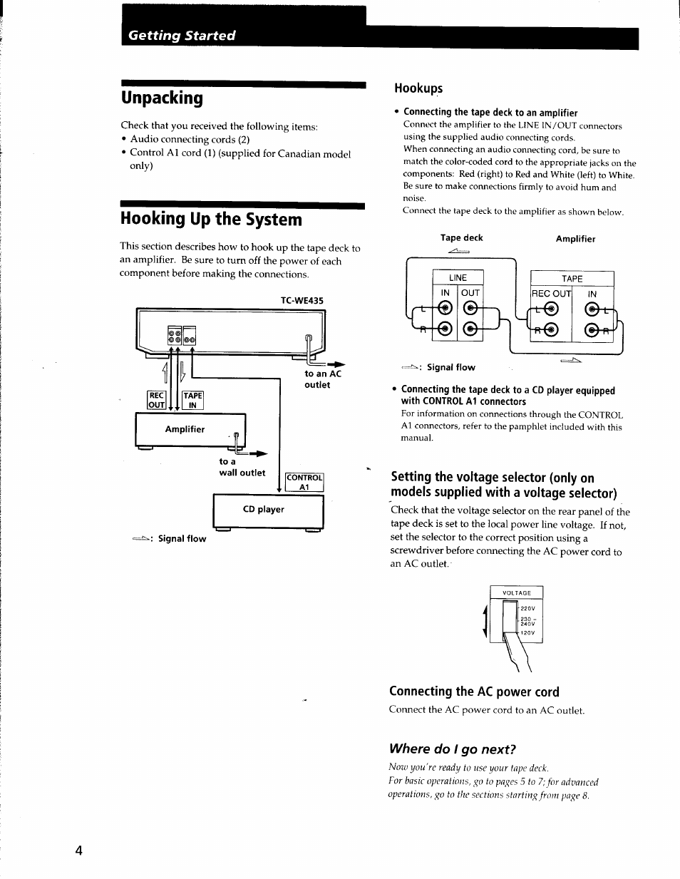 Hookups, Tc-we435, Connecting the tape deck to an amplifier | Connecting the ac power cord, Unpacking, Hooking up the system | Sony TC-WE435 User Manual | Page 4 / 18