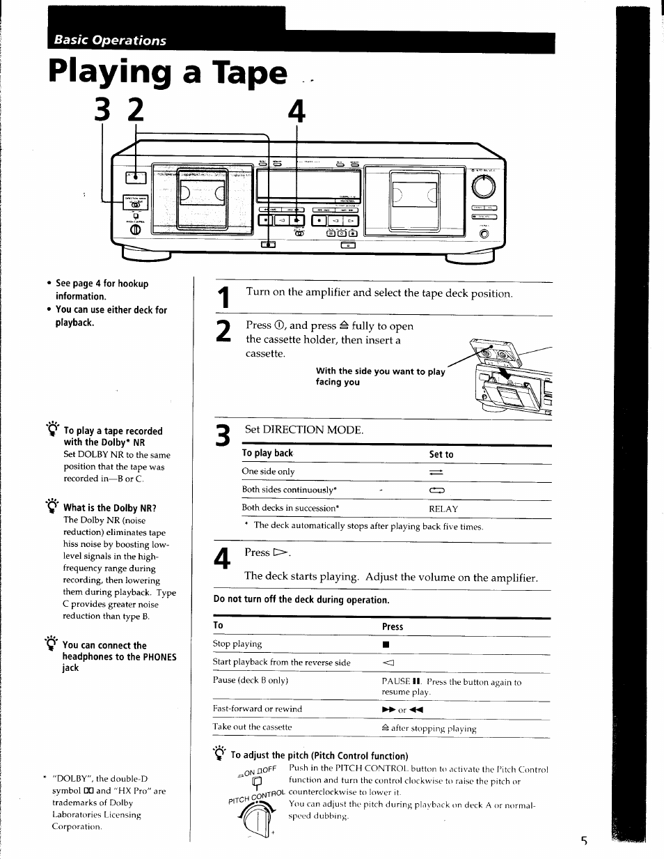 Playing a tape, You can use either deck for playback, Q* to play a tape recorded with the dolby* nr | What is the dolby nr, Y you can connect the, Headphones to the phones jack, C*' to adjust the pitch (pitch control function) | Sony TC-WE435 User Manual | Page 5 / 18