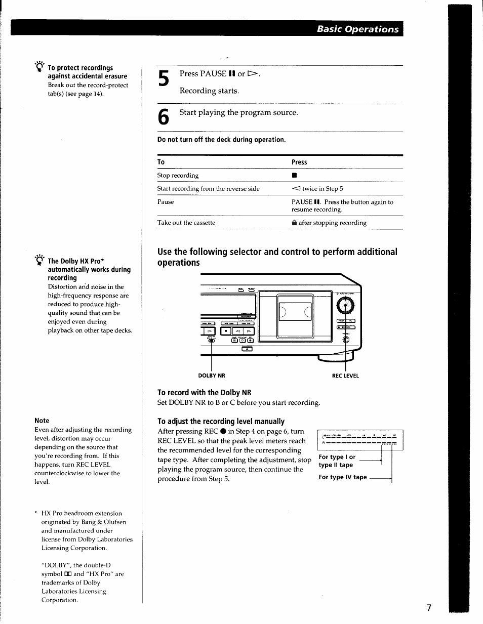 V the dolby hx pro, Automatically works during recording, Note | To record with the dolby nr, To adjust the recording level manually, For type i or, For type iv tape, Basic operations | Sony TC-WE435 User Manual | Page 7 / 18