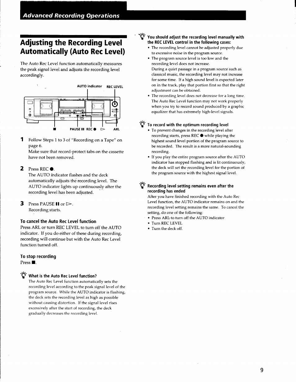 To cancel the auto rec level function, To record with the optimum recording level, To stop recording | Q* what is the auto rec level function | Sony TC-WE435 User Manual | Page 9 / 18
