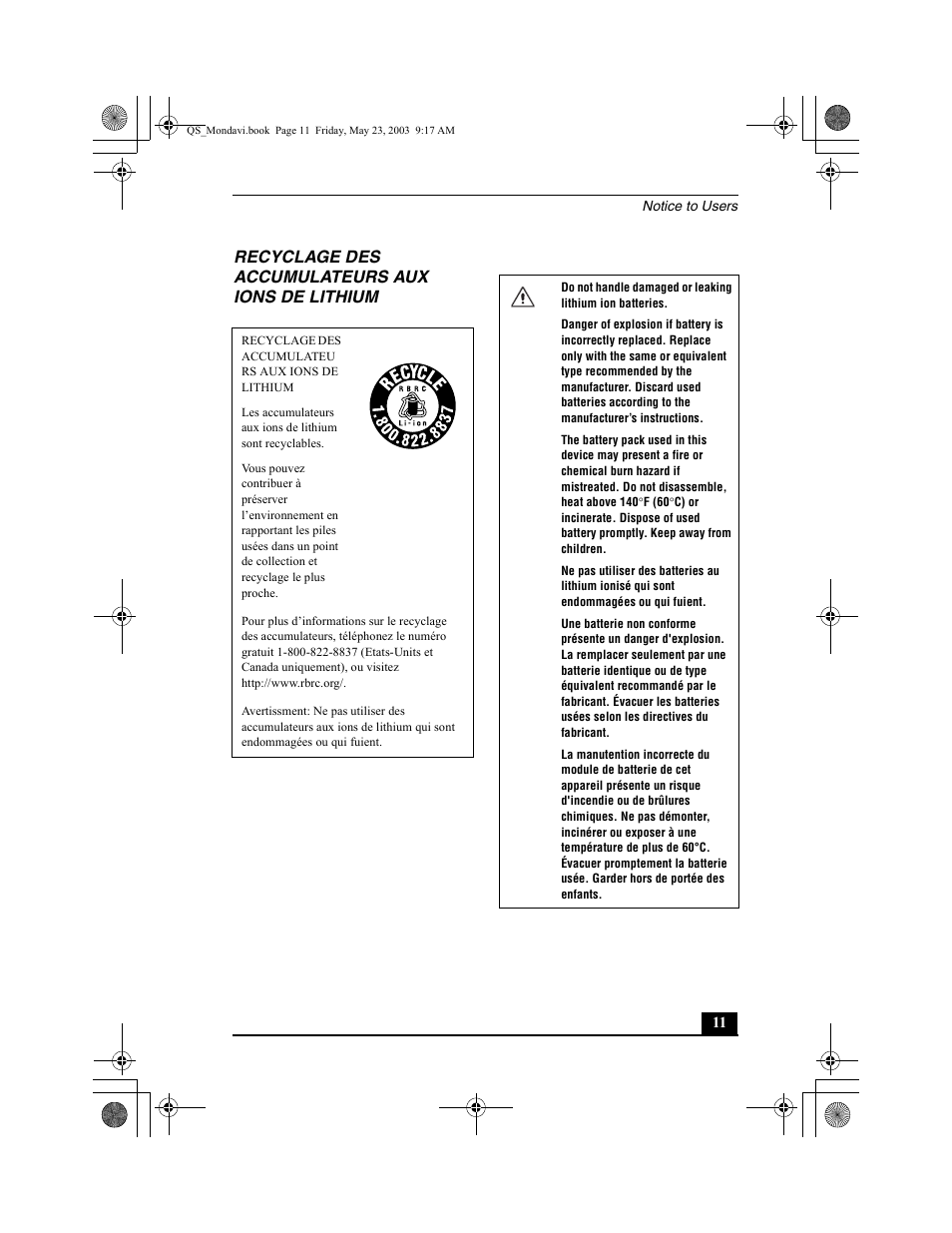 Recyclage des accumulateurs aux ions de lithium | Sony PCG-FRV27 User Manual | Page 11 / 68