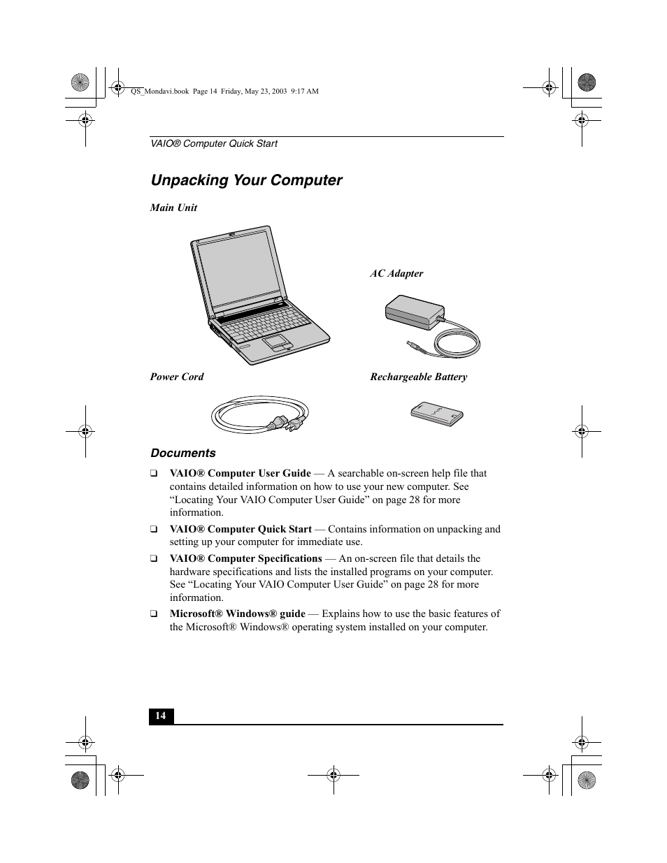 Unpacking your computer, Documents | Sony PCG-FRV27 User Manual | Page 14 / 68