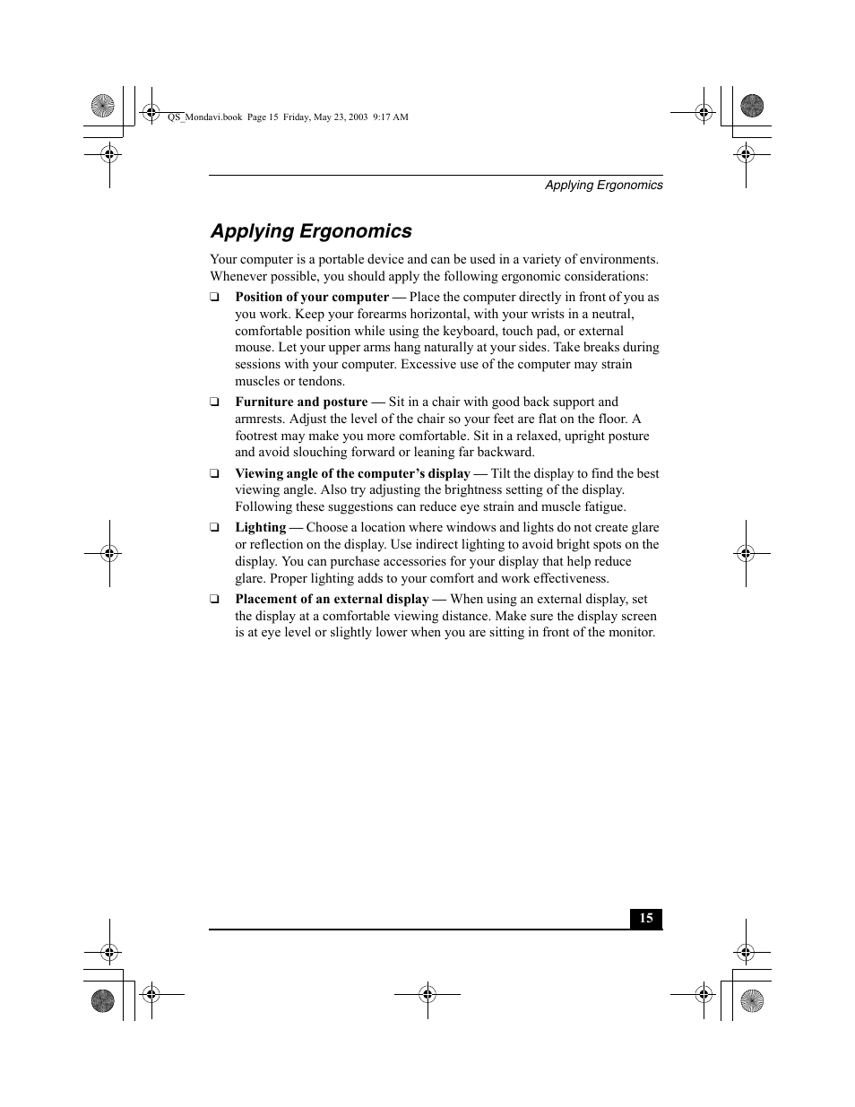 Applying ergonomics | Sony PCG-FRV27 User Manual | Page 15 / 68