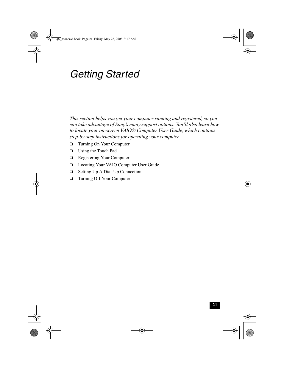 Getting started | Sony PCG-FRV27 User Manual | Page 21 / 68