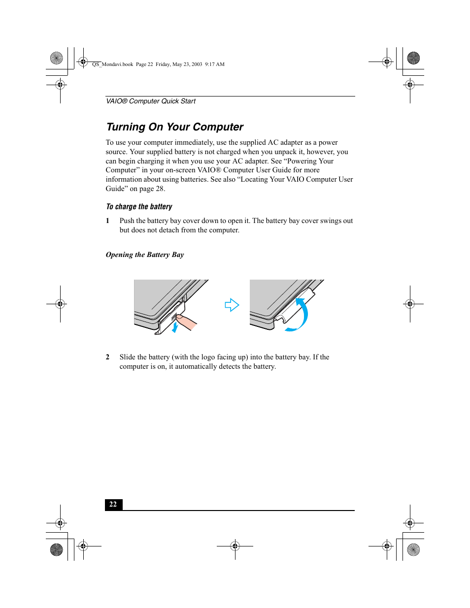 Turning on your computer | Sony PCG-FRV27 User Manual | Page 22 / 68